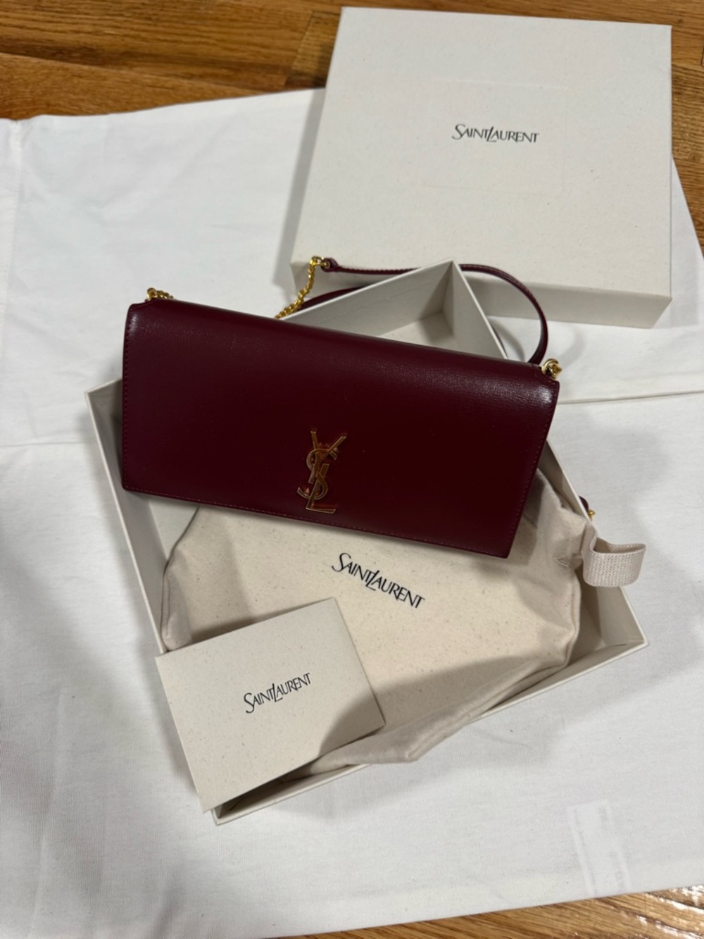Saint Laurent Burgundy Leather Chain Crossbody Wallet